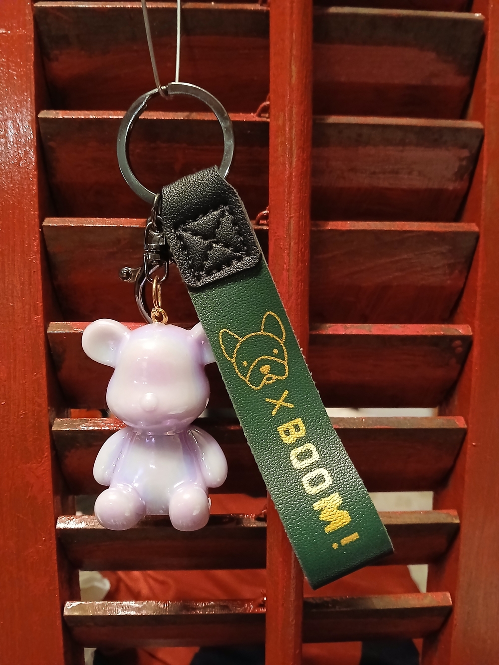 Green 'X BOOM!' Kids Keychain with Purple Bear Charm